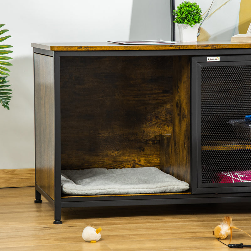 Wooden Cat House End Table, Elevated Kennel Pet Bed w/ Removable Cushion