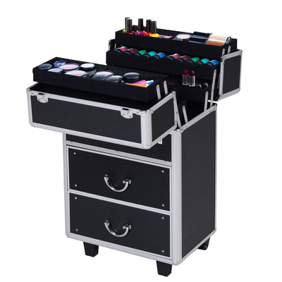 Aluminum Rolling Makeup Train Case Cosmetic Organizer Storage Box Lockable