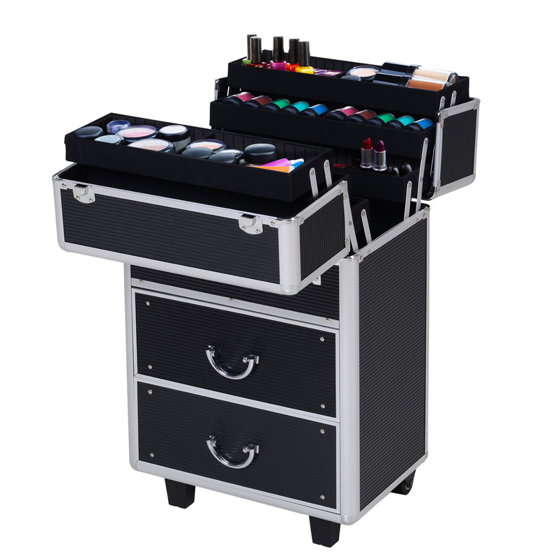 Aluminum Rolling Makeup Train Case Cosmetic Organizer Storage Box Lockable