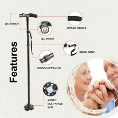 Walking Stick Cane Folding With Light LED Strap Handle Metal Adjustable - 4 Legs