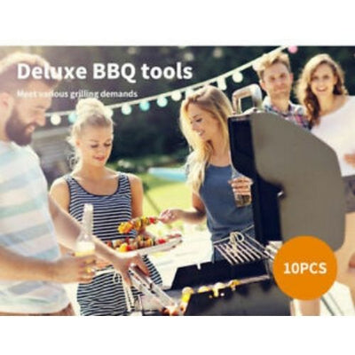 10x STAINLESS STEEL BBQ GRILL TOOL SET W/ STORAGE BAG BARBECUR  COOKING UTENSIL