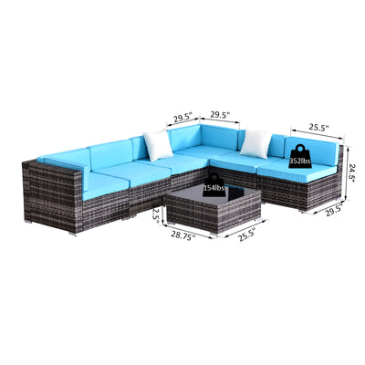 7pc Garden Wicker Sectional Set Outdoor Rattan Lounge Sofa with Cushion