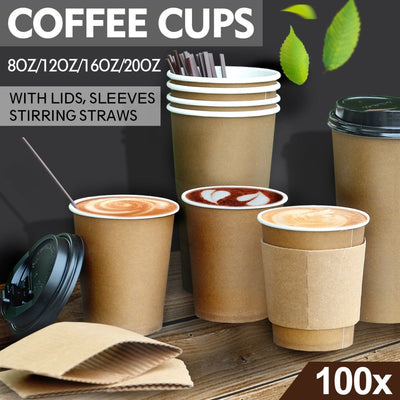 100 Pcs 20oz Disposable Takeaway Coffee Paper Cups Triple Wall Take Away Lids