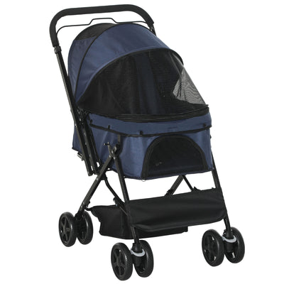 Pet Stroller Foldable Travel Dog Cat Carriage w/ Reversible Handle Brake Basket