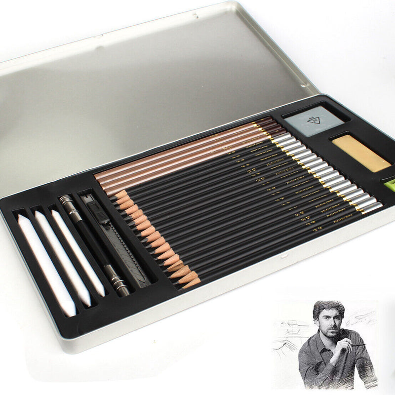 Drawing / Sketch Pencils Set (29-PCS Kit) Includes Erasers, Sharpener, Charcoals