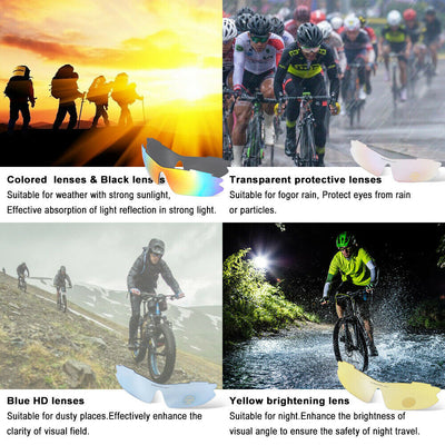 Sports Cycling Sunglasses, Bicycle Glasses w/ 5 Interchangeable Lenses-Ergonomic