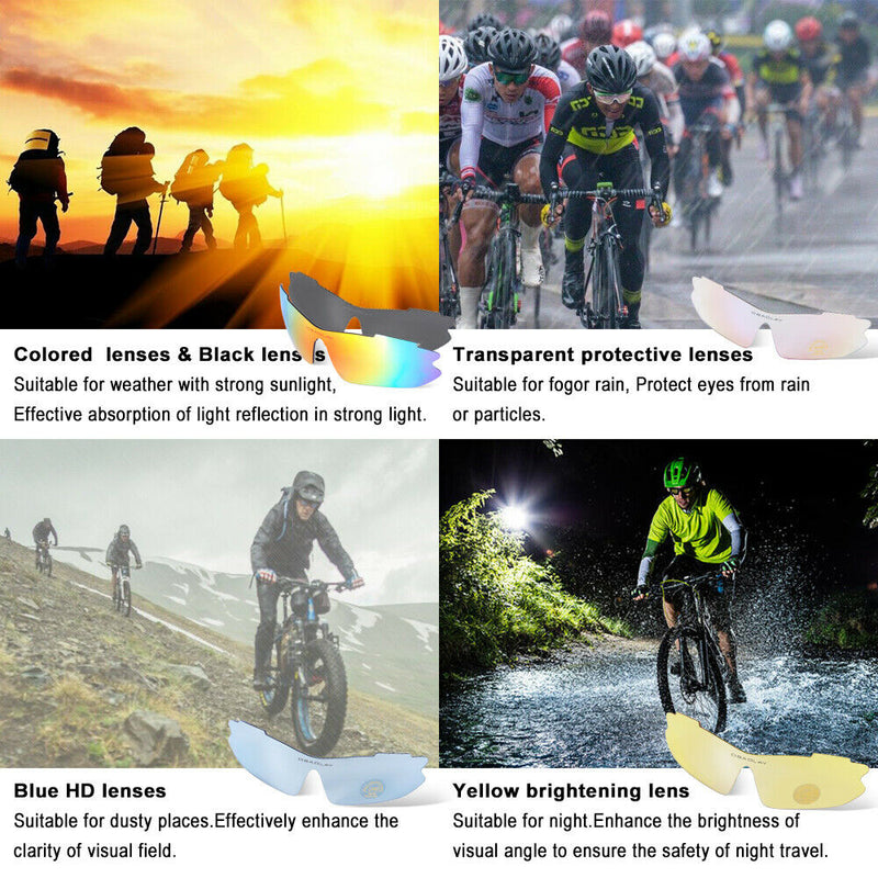Sports Cycling Sunglasses, Bicycle Glasses w/ 5 Interchangeable Lenses-Ergonomic