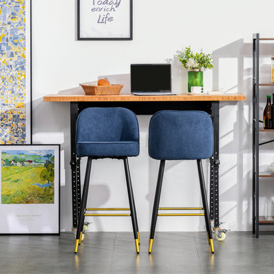 Set of 2 Upholstered Barstools Fabric Bar Chairs with Gold-Capped Steel Legs