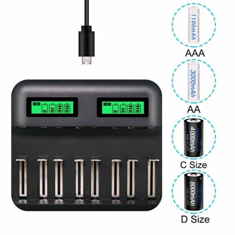 8 Slots Smart Battery Charger LCD Display For AA/AAA/C/D Rechargeable Batteries