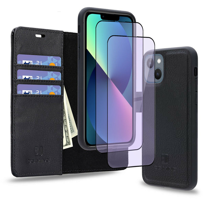 Luxury Leather Wallet Case & 2x Anti Blue Light Films For iPhone 13 Pro Max 6.7"