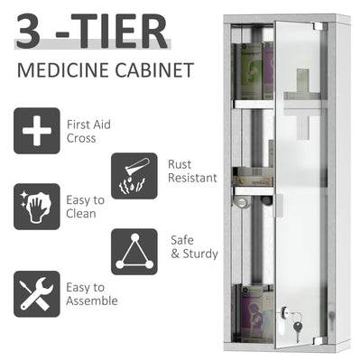 22''x8'' Stainless Steel Medicine Cabinet 3 Tier Frosted Door Lockable First
