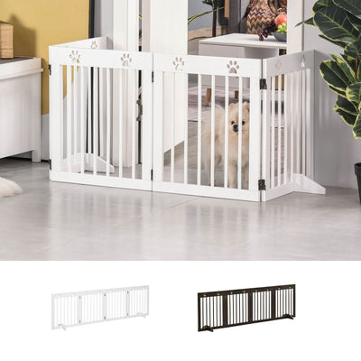 Freestanding Pet Gate w/ Two-Way Hinges Short Paw Printed Wooden Dog Gate