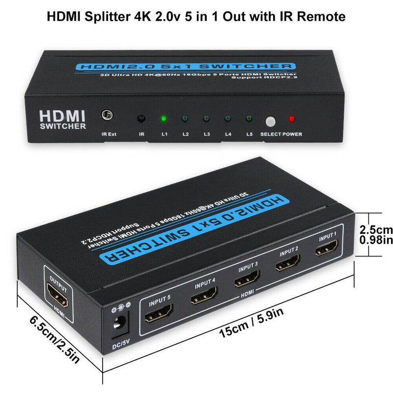 HDMI Switch with IR Remote Control Supports 4k@60HZ 3D HD for PS4 Xbox Apple TV