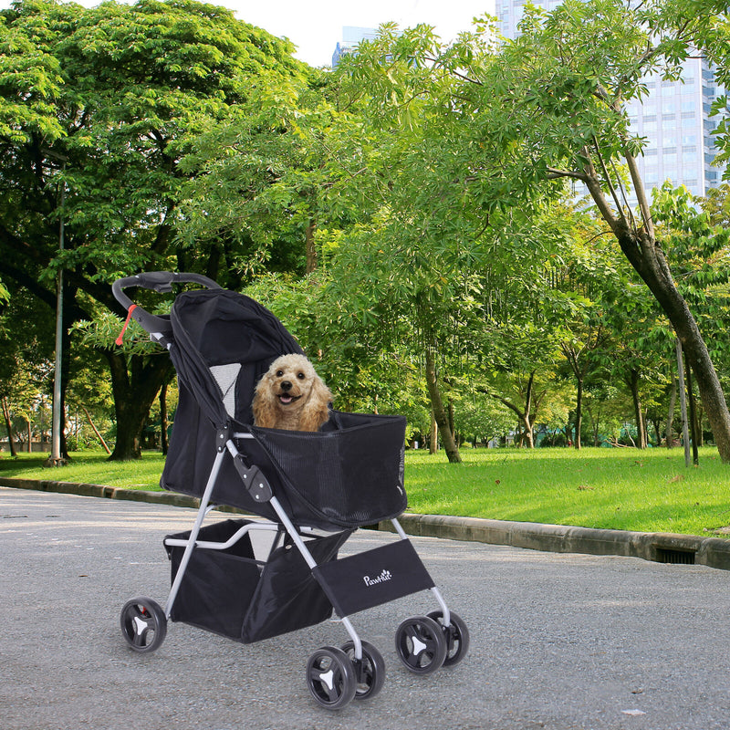 Cat Dog Carrier Cart Foldable Cup Holder with 4 Wheels Storage Basket, Black