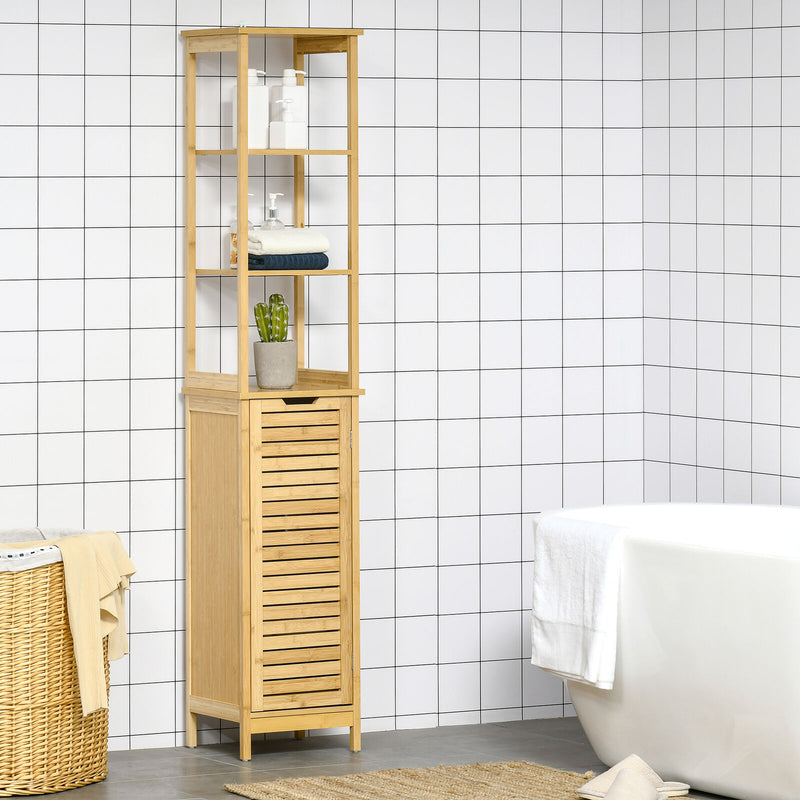 Tall Slim Bathroom Floor Cabinet Freestanding Linen Tower w/ 3 Shelves Natural