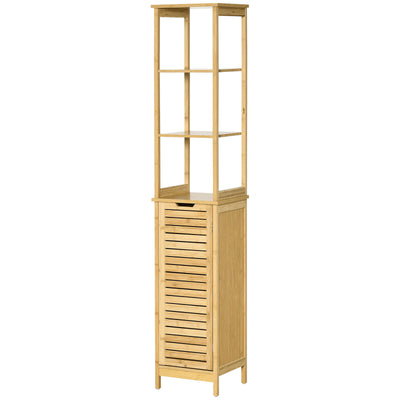 Tall Slim Bathroom Floor Cabinet Freestanding Linen Tower w/ 3 Shelves Natural