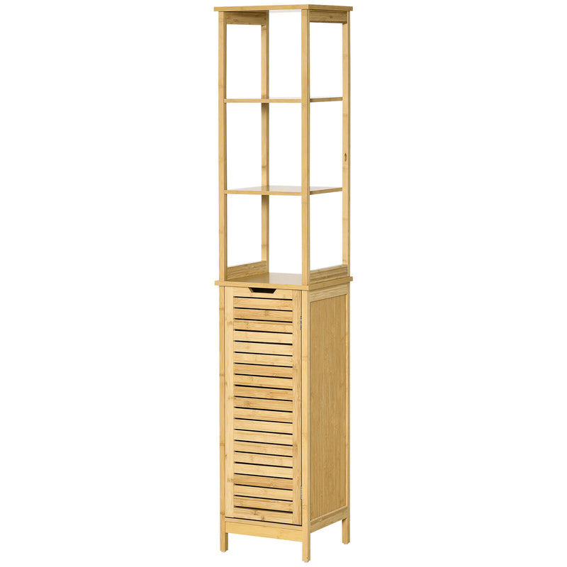 Tall Slim Bathroom Floor Cabinet Freestanding Linen Tower w/ 3 Shelves Natural