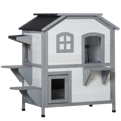 Wooden 2-Story Indoor or Outdoor Cat House W/ Escape Door, Cat Shelter, White 196393161340