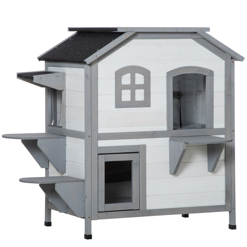 Wooden 2-Story Indoor or Outdoor Cat House W/ Escape Door, Cat Shelter, White 196393161340