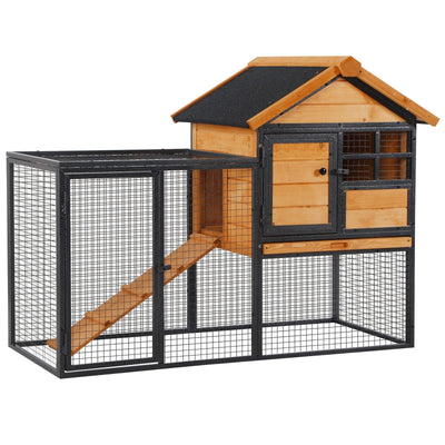 Outdoor Rabbit Cage Elevated Pet House w/ Slide-Out Tray, Natural Wood &amp; Black 842525165365