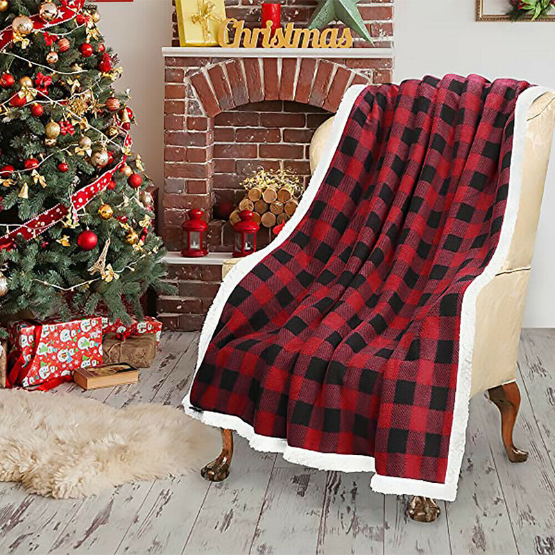 [Hypoallergenic, Anti-Static, Warm] Plaid Design Reversible Sherpa Throw Blanket