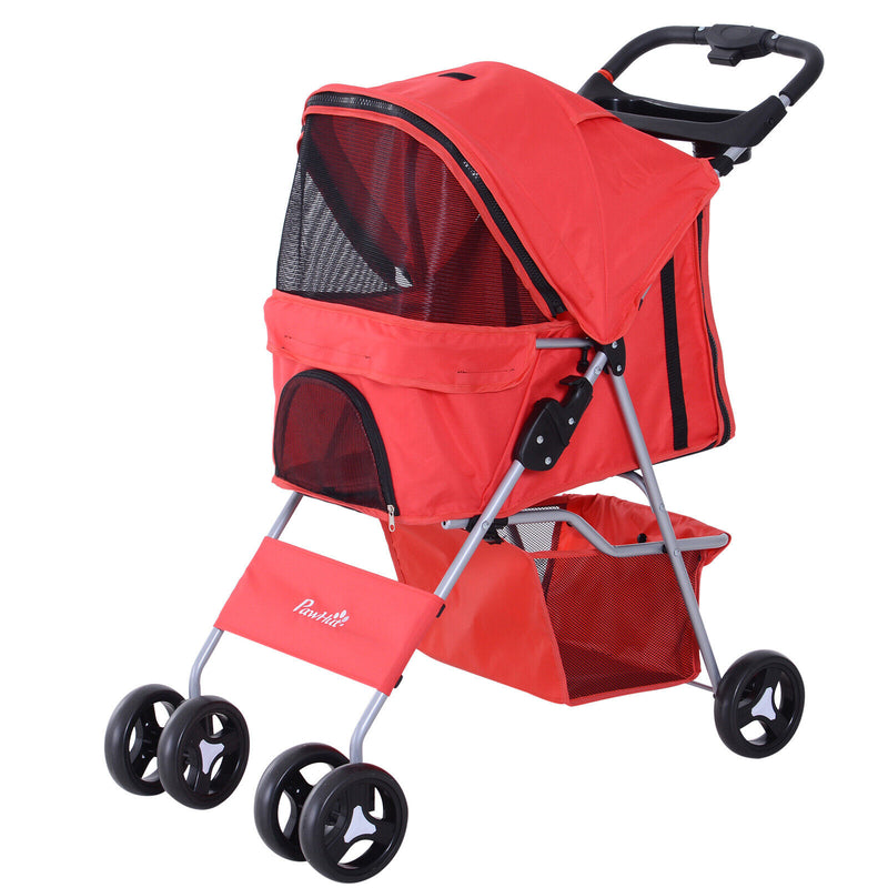 PawHut Cat Dog Carrier Cart Foldable with Storage Basket Cup Holder, Red