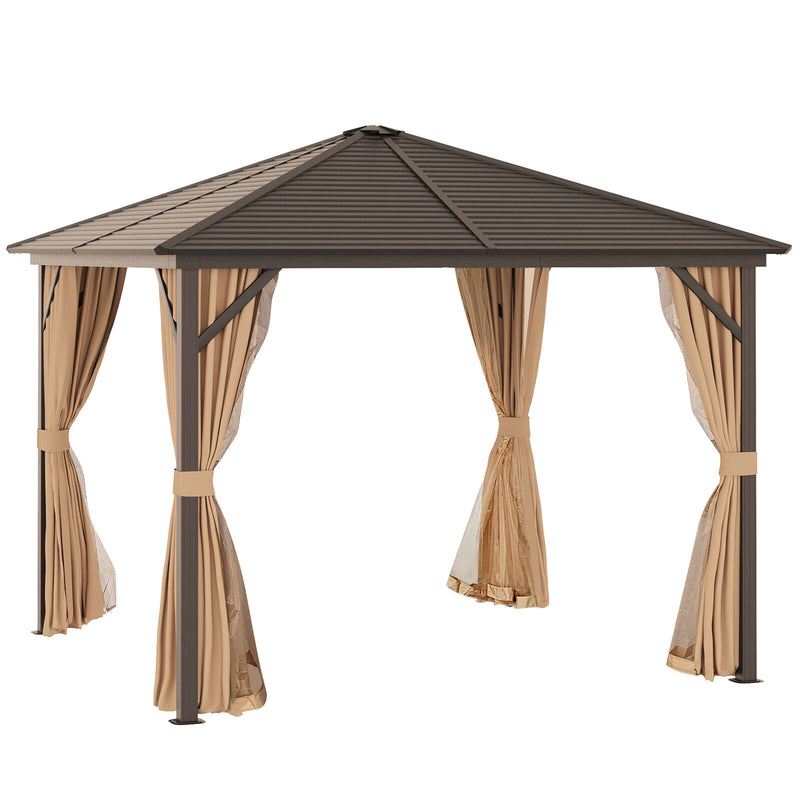10&apos; x 10&apos; Steel Hardtop Gazebo with Nettings and Curtains Hook Aluminum Frame