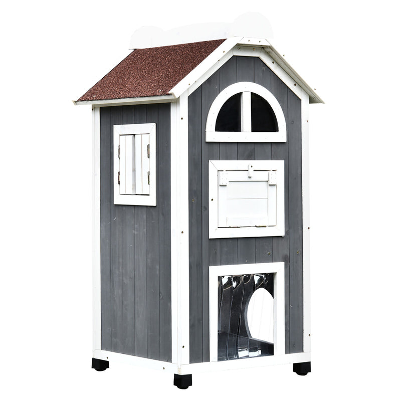 Solid Wood Cat Condo Furniture 2-Floor Pet Shelter, Grey and White, 43&quot; H 842525144469