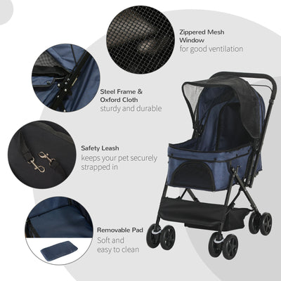Pet Stroller Foldable Travel Dog Cat Carriage w/ Reversible Handle Brake Basket