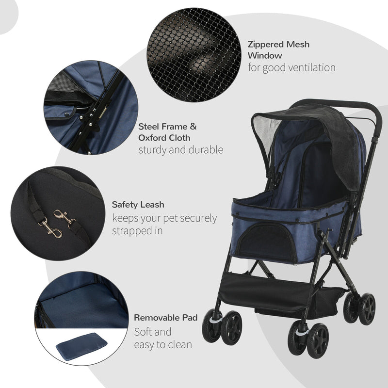 Pet Stroller Foldable Travel Dog Cat Carriage w/ Reversible Handle Brake Basket