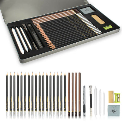 Drawing / Sketch Pencils Set (29-PCS Kit) Includes Erasers, Sharpener, Charcoals