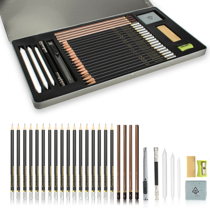 Drawing / Sketch Pencils Set (29-PCS Kit) Includes Erasers, Sharpener, Charcoals