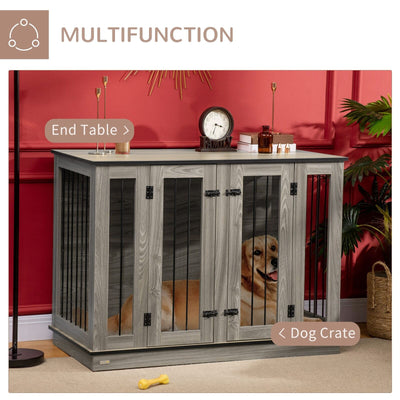 Dog Crate Furniture Side Table W/ Divider Panel 2 Front Doors Double Locks