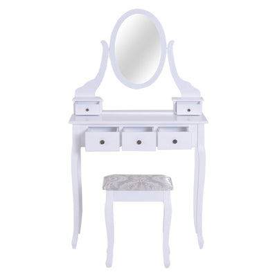 2-PC Dressing Table Set Vanity Makeup Desk Mirror Stool 5 Drawers Bedroom White