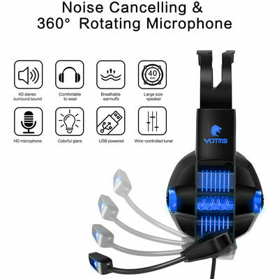 LED Gaming Headset Xbox One/PS4/PC Surround Sound Stereo w/ Noise Canceling&Mic