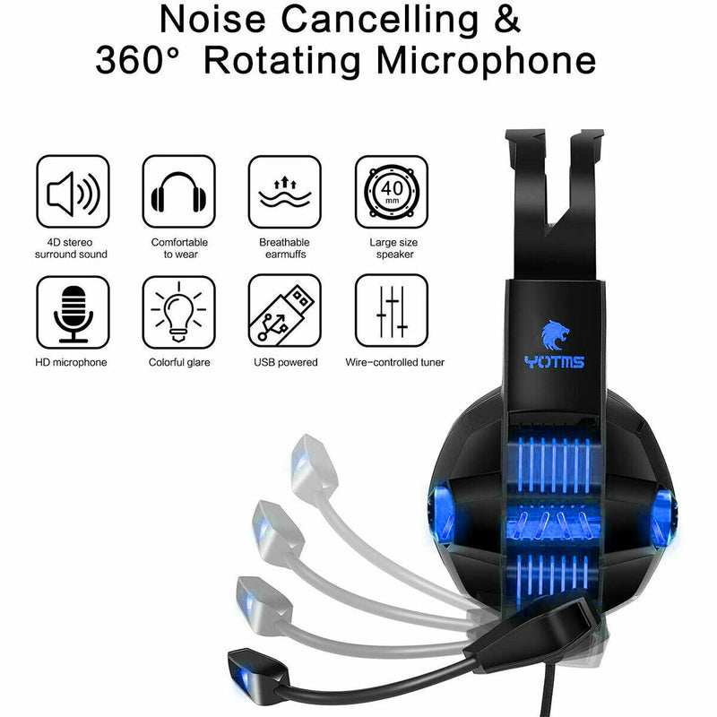 LED Gaming Headset Xbox One/PS4/PC Surround Sound Stereo w/ Noise Canceling&Mic