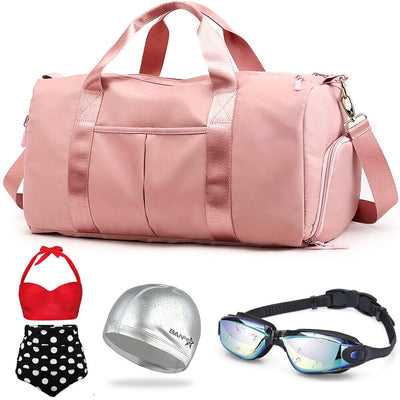 Women Gym Duffle Bag With Swimming Set - Bathing Suits & PU Coated Cap & Goggles