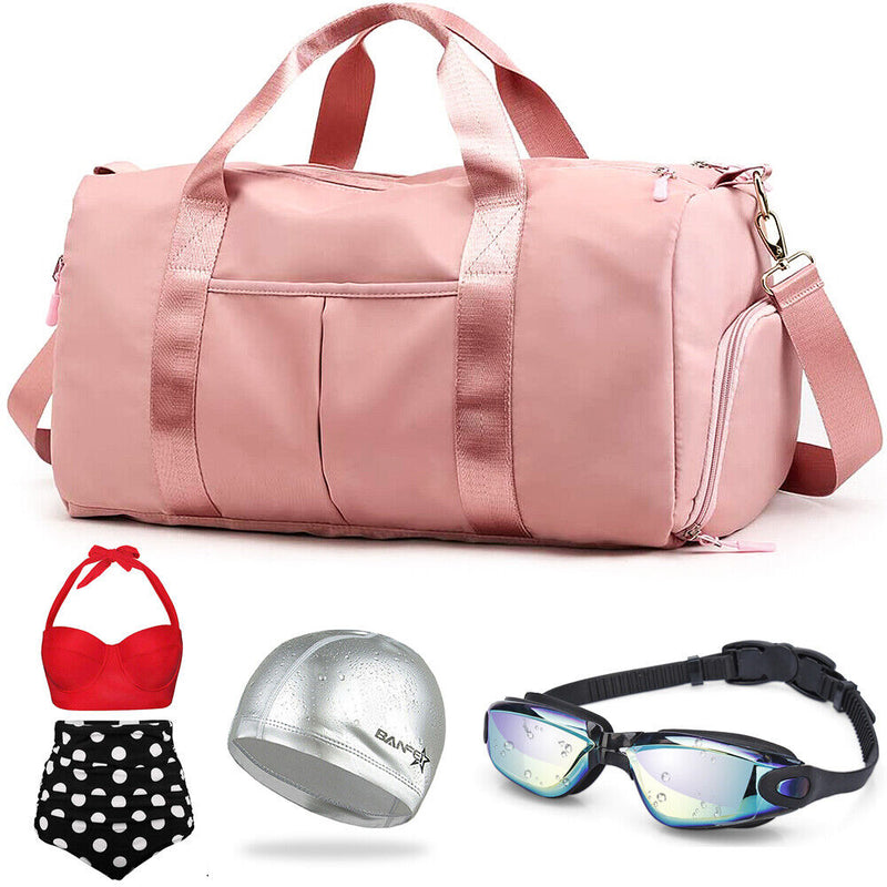 Women Gym Duffle Bag With Swimming Set - Bathing Suits & PU Coated Cap & Goggles