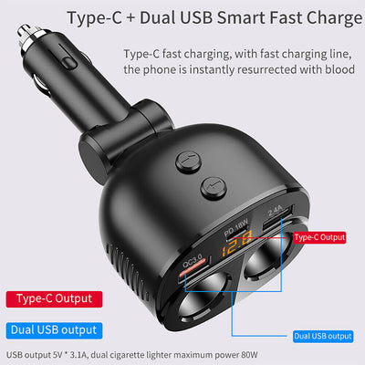 USB C Car Charger, 2 Sockets Cigarette Lighter Splitter 12/24V 80W LED Display