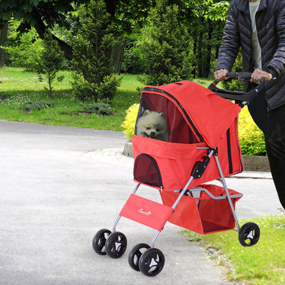 Cat Dog Carrier Cart Foldable Cup Holder with 4 Wheels Storage Basket, Red