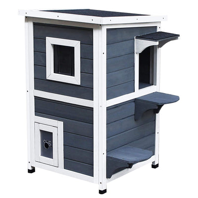Outdoor Solid Wood 2-Floor Cat Condo Pet House Kitten Shelter with Window - Gray 842525142892