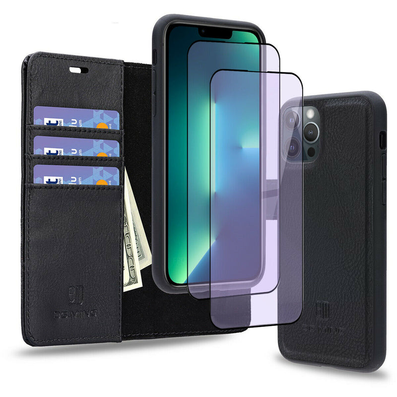 Luxury Leather Wallet Case & 2x Anti Blue Light Films For iPhone 13 Pro Max 6.7"