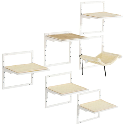 6PCs Modern Steel Cat Wall Shelves with Jumping Platform and Hammock, Cream
