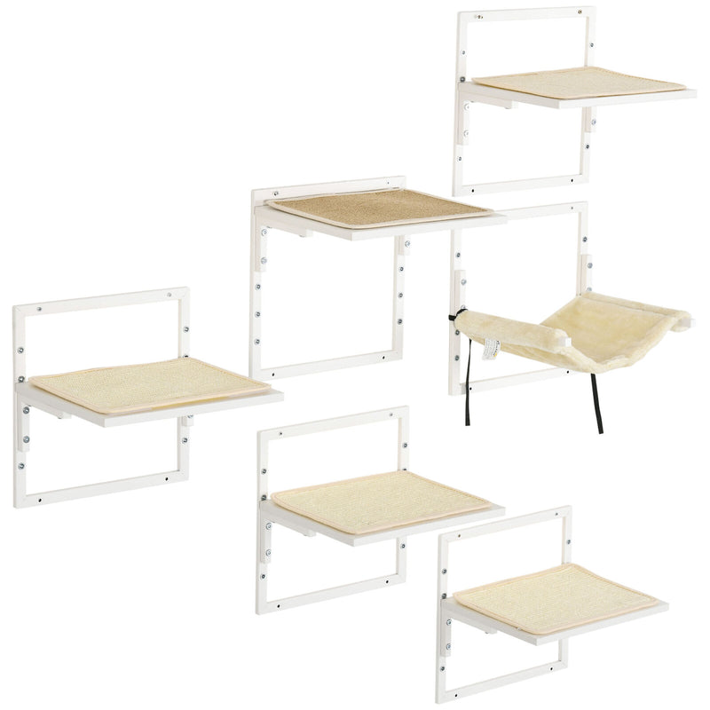 6PCs Modern Steel Cat Wall Shelves with Jumping Platform and Hammock, Cream