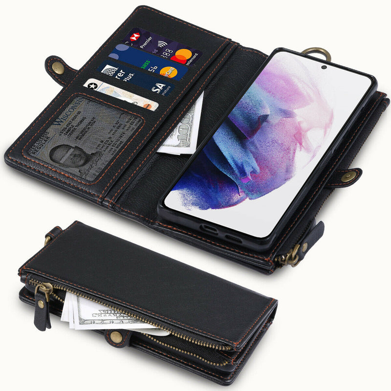 For Samsung Galaxy S21 Plus 6.7" Vintage PU Leather Wallet Case w/Zipper Pocket