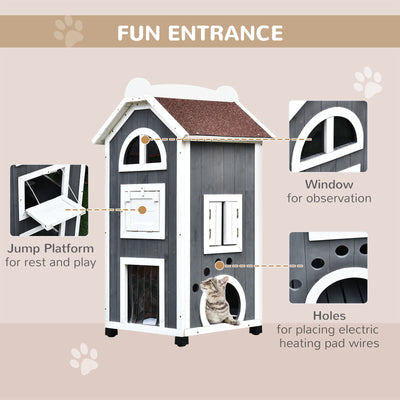 Solid Wood Cat Condo Furniture 2-Floor Pet Shelter, Grey and White, 43&quot; H 842525144469