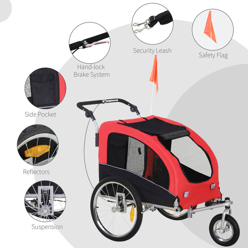 PawHut 2 In 1 Durable Pet Dog Bicycle Trailer Stroller Jogger Red Black