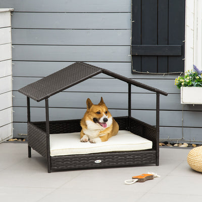 Elevated Wicker Dog House, Raised Rattan Pet Bed Cabana w/ Cushion, Canopy White 842525148276