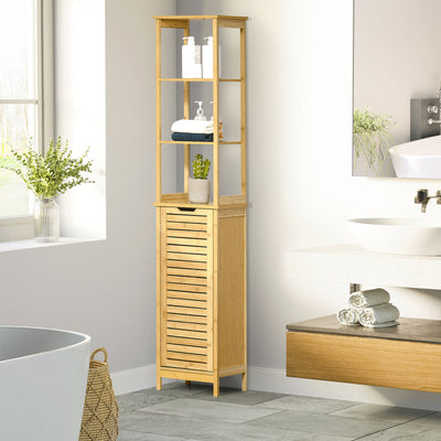 Tall Slim Bathroom Floor Cabinet Freestanding Linen Tower w/ 3 Shelves Natural