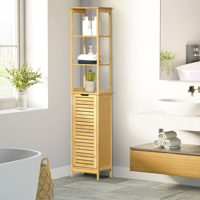 Tall Slim Bathroom Floor Cabinet Freestanding Linen Tower w/ 3 Shelves Natural
